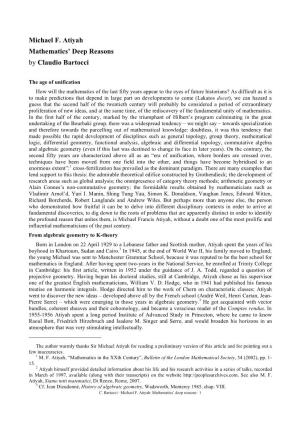 Michael F. Atiyah Mathematics' Deep Reasons by Claudio Bartocci