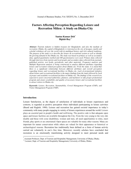 Factors Affecting Perception Regarding Leisure and Recreation Milieu: a Study on Dhaka City