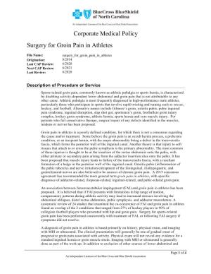 Corporate Medical Policy Surgery for Groin Pain in Athletes
