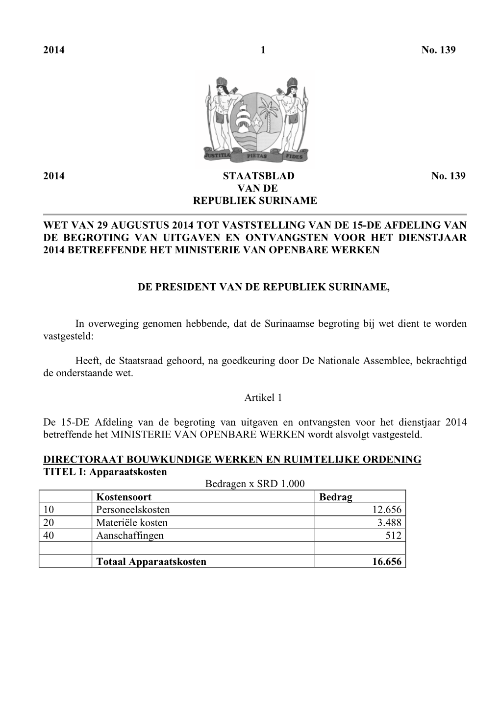 Begroting 2014 Ministerie Van Openbare Werken