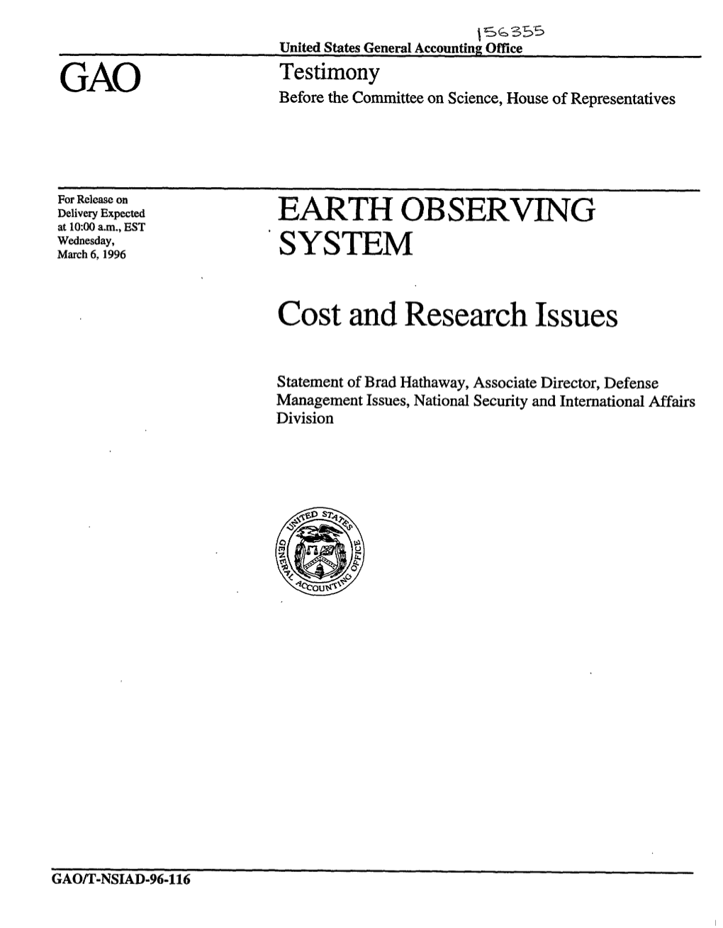 T-NSIAD-96-116 Earth Observing System: Cost and Research Issues