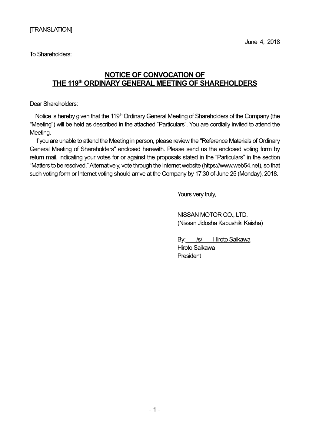 NOTICE of CONVOCATION of the 119Th ORDINARY GENERAL MEETING of SHAREHOLDERS