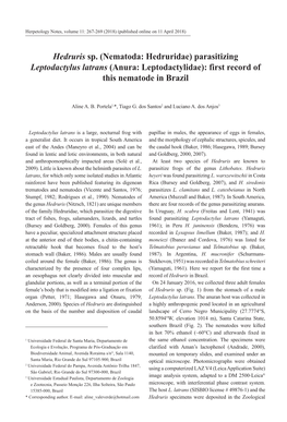 Nematoda: Hedruridae) Parasitizing Leptodactylus Latrans (Anura: Leptodactylidae): First Record of This Nematode in Brazil