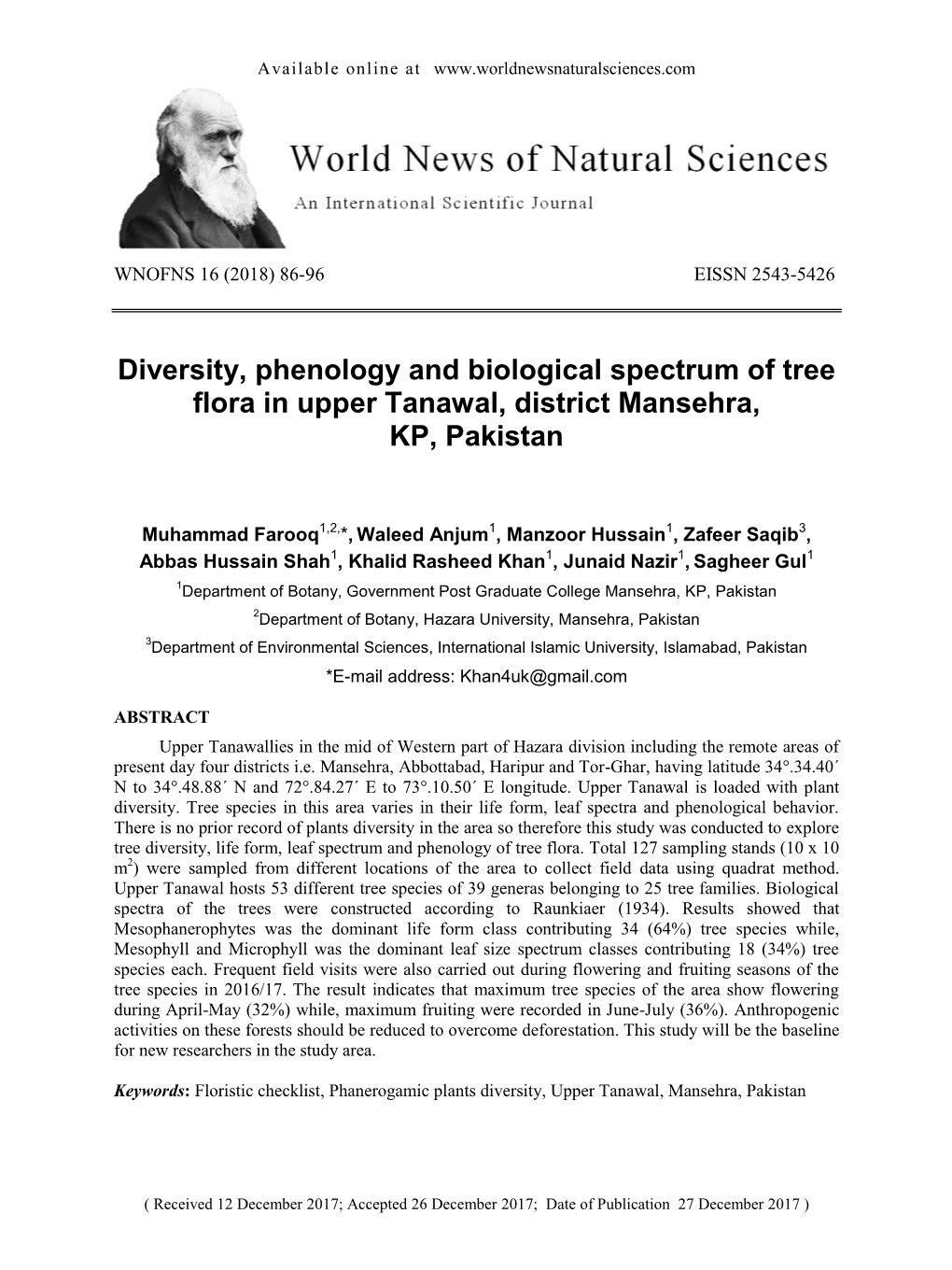 Diversity, Phenology and Biological Spectrum of Tree Flora in Upper Tanawal, District Mansehra, KP, Pakistan