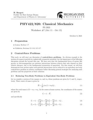 PHY422/820: Classical Mechanics FS 2021 Worksheet #7 (Oct 11 – Oct 15)