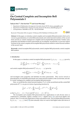 On Central Complete and Incomplete Bell Polynomials I