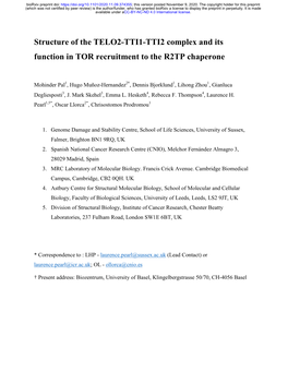 Structure of the TELO2-TTI1-TTI2 Complex and Its Function in TOR Recruitment to the R2TP Chaperone