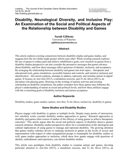 Disability, Neurological Diversity, and Inclusive Play: an Examination of the Social and Political Aspects of the Relationship Between Disability and Games