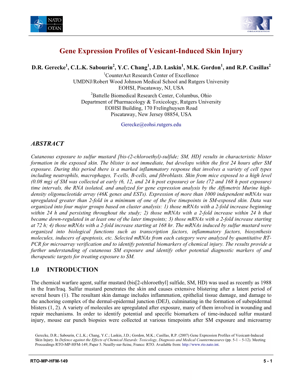 Gene Expression Profiles of Vesicant-Induced Skin Injury