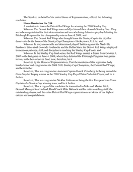 House Resolution No. 398. a Resolution to Honor the Detroit Red Wings for Winning the 2008 Stanley Cup
