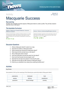 Macquarie Success Key Learning Students Will Investigate Important Aspects of Macquarie Island to Create a Profile