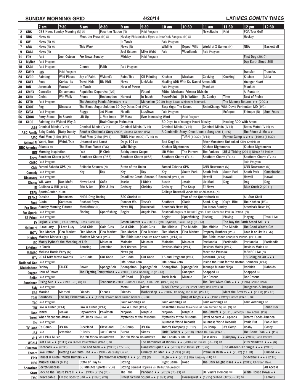 Sunday Morning Grid 4/20/14 Latimes.Com/Tv Times