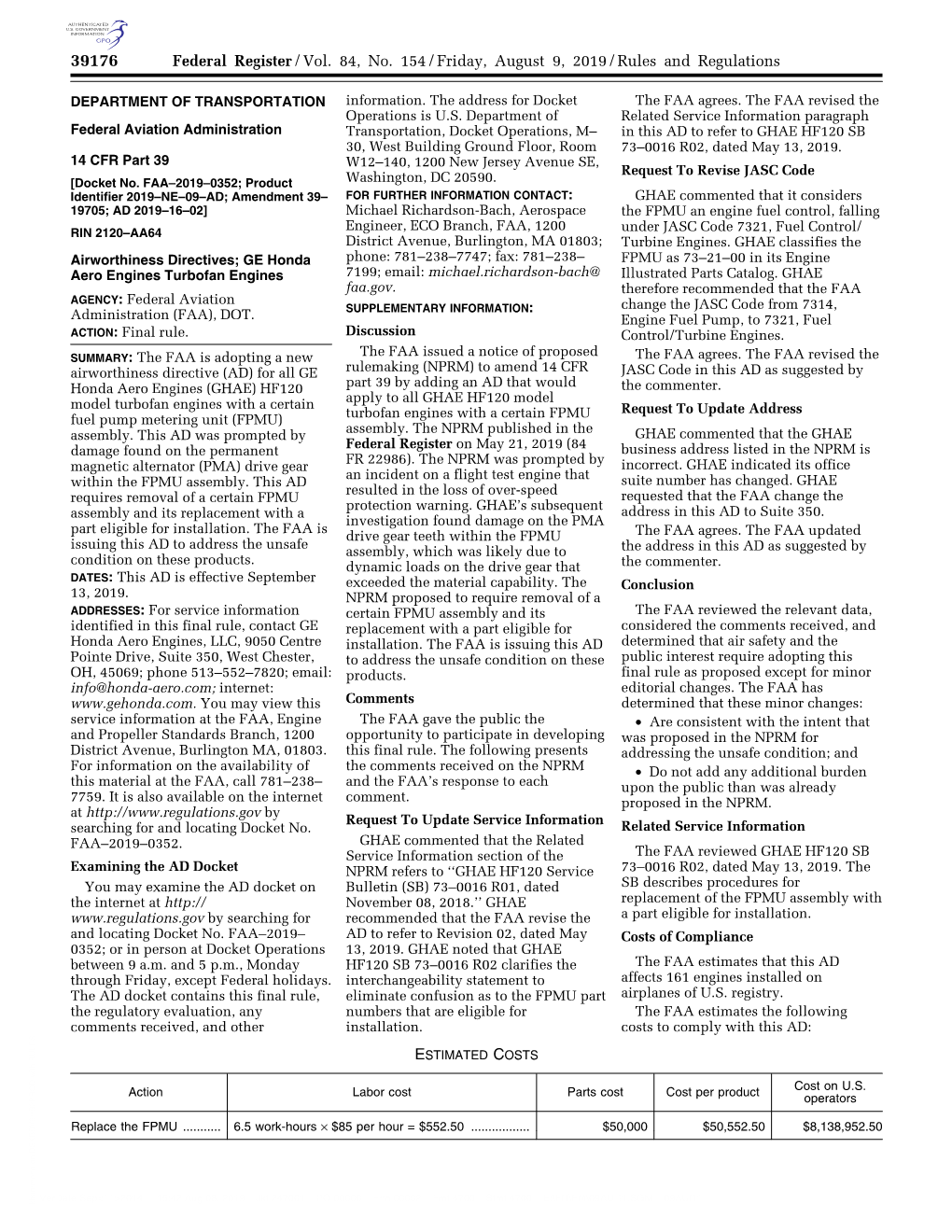 Federal Register/Vol. 84, No. 154/Friday, August 9, 2019/Rules