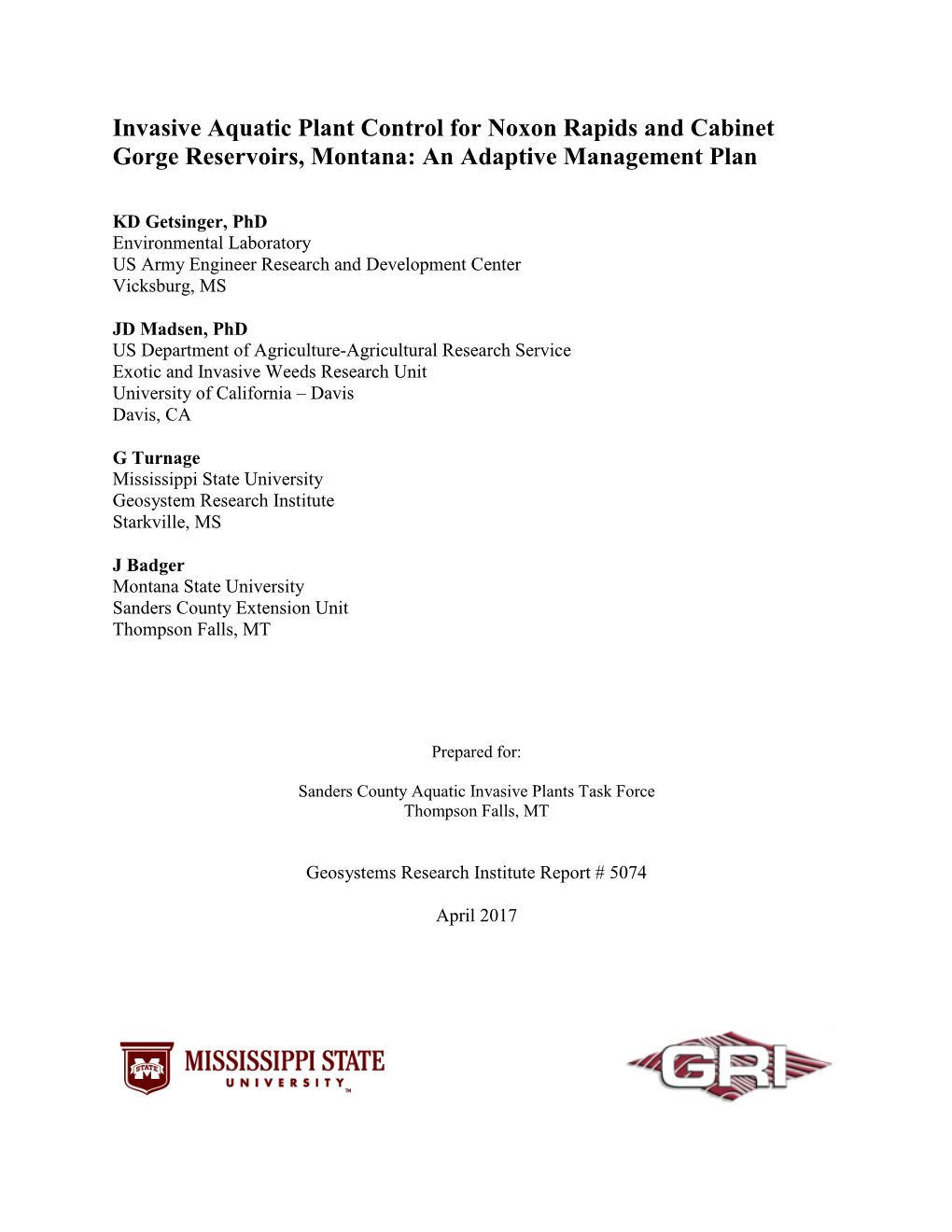 Invasive Aquatic Plant Control for Noxon Rapids and Cabinet Gorge Reservoirs, Montana: an Adaptive Management Plan