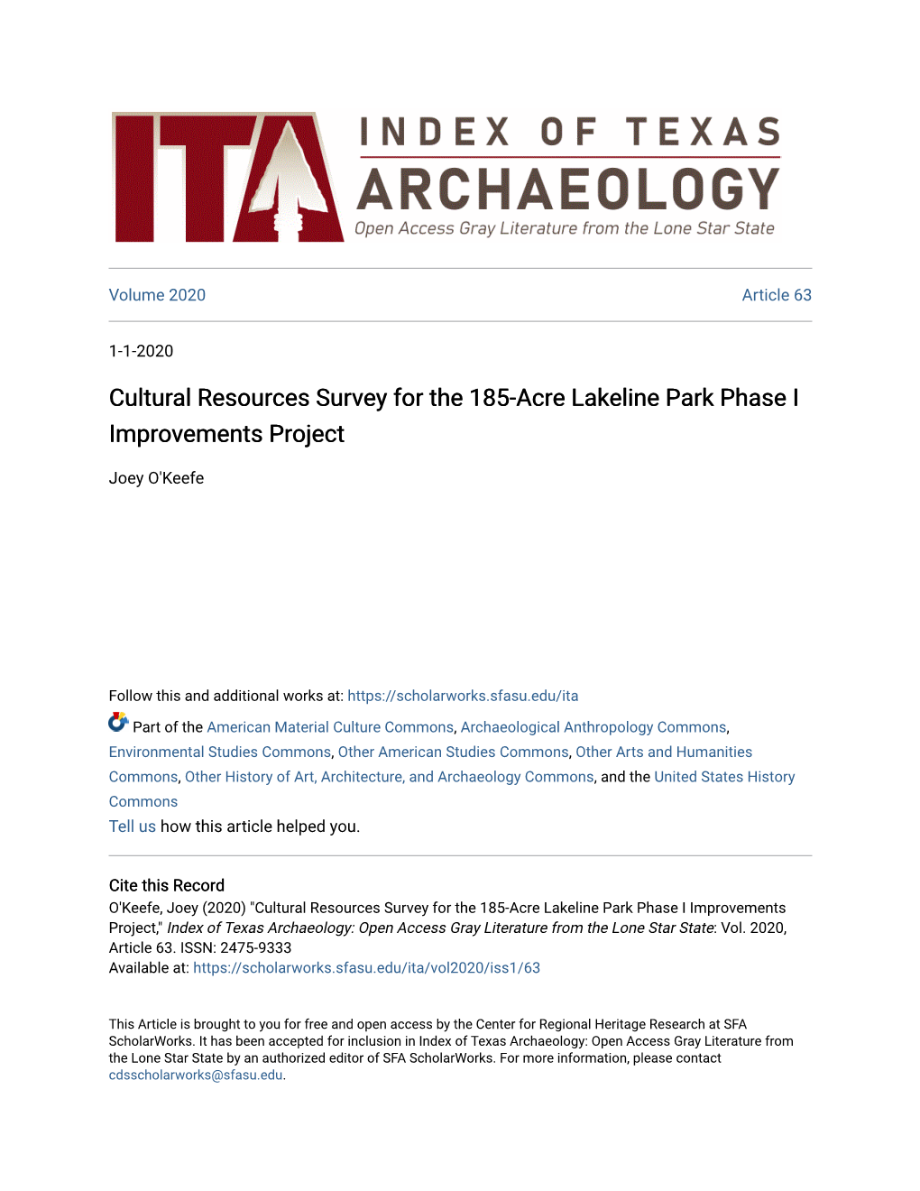 Cultural Resources Survey for the 185-Acre Lakeline Park Phase I Improvements Project