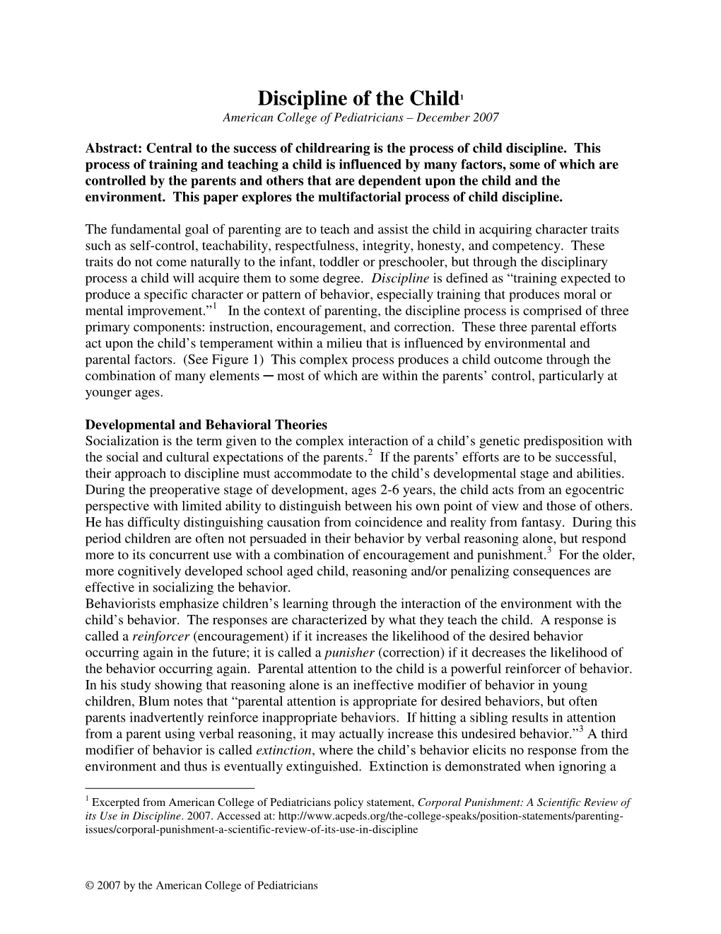 Discipline of the Child 1 American College of Pediatricians – December 2007