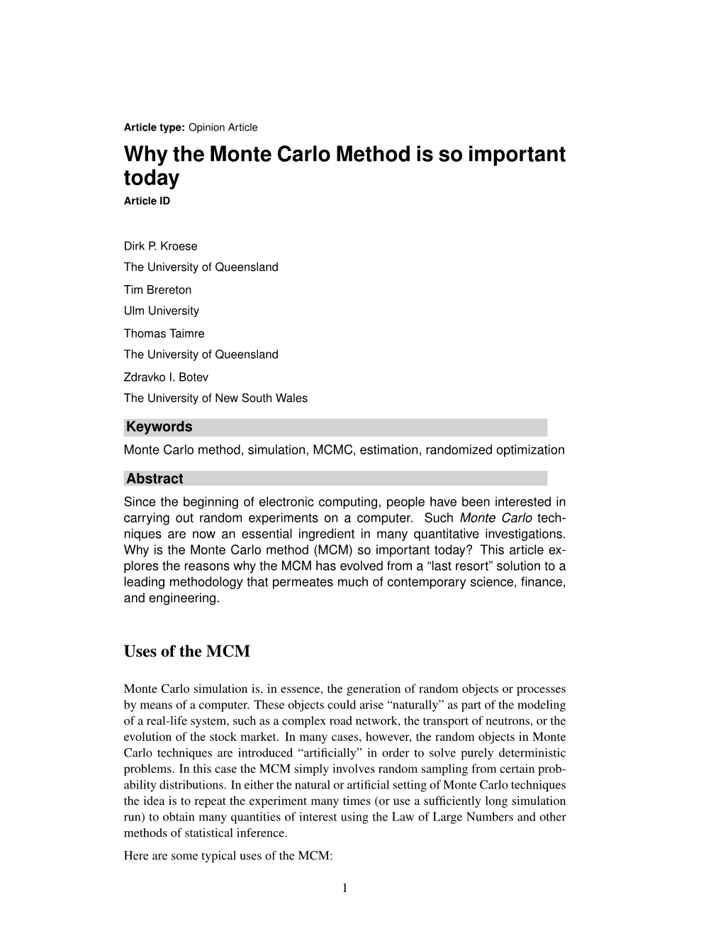 Why the Monte Carlo Method Is So Important Today Article ID