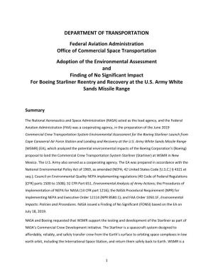 Adoption of the Environmental Assessment and Finding of No Significant Impact for Boeing Starliner Reentry and Recovery at the U.S