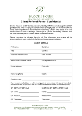 BROOKE HOUSE HEALTH & WELLBEING Centre Client Referral Form - Confidential