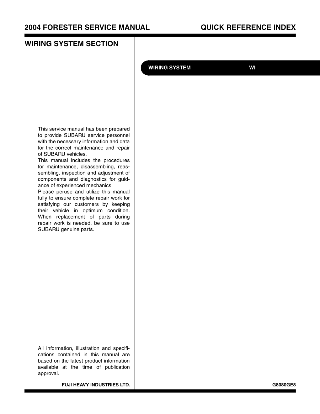 2004 Forester Service Manual Quick Reference Index Wiring System Section