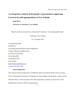 A Retrospective Analysis of the People’S Representatives Approving Crown Levies and Appropriations in New Zealand
