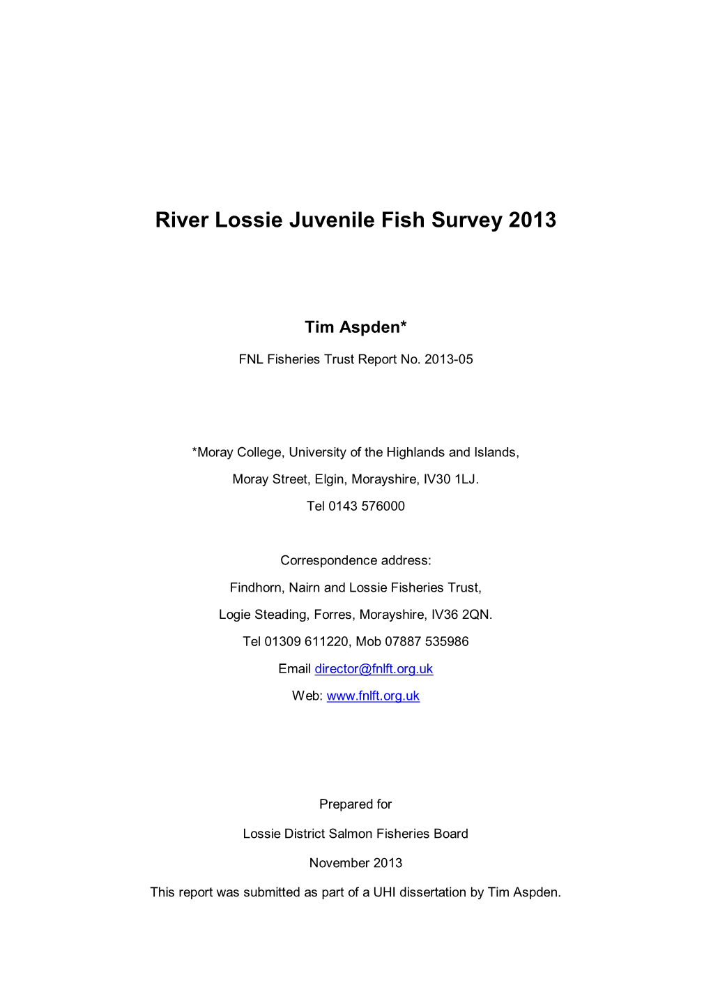 River Lossie Juvenile Fish Survey 2013