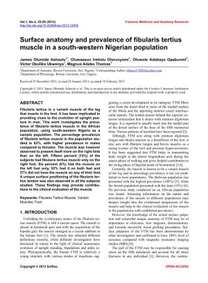 Surface Anatomy and Prevalence of Fibularis Tertius Muscle in a South-Western Nigerian Population