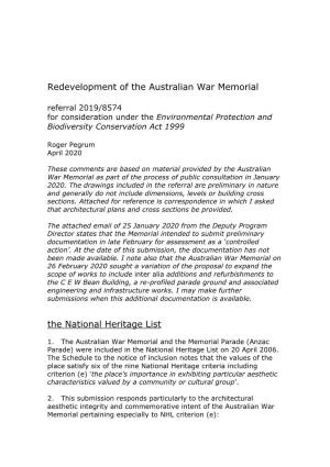 Redevelopment of the Australian War Memorial the National Heritage List