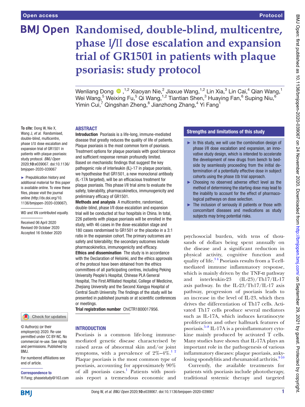 Blind, Multicentre, Phase Ⅰ/Ⅱ Dose Escalation and Expansion Trial of GR1501 in Patients with Plaque Psoriasis: Study Protocol