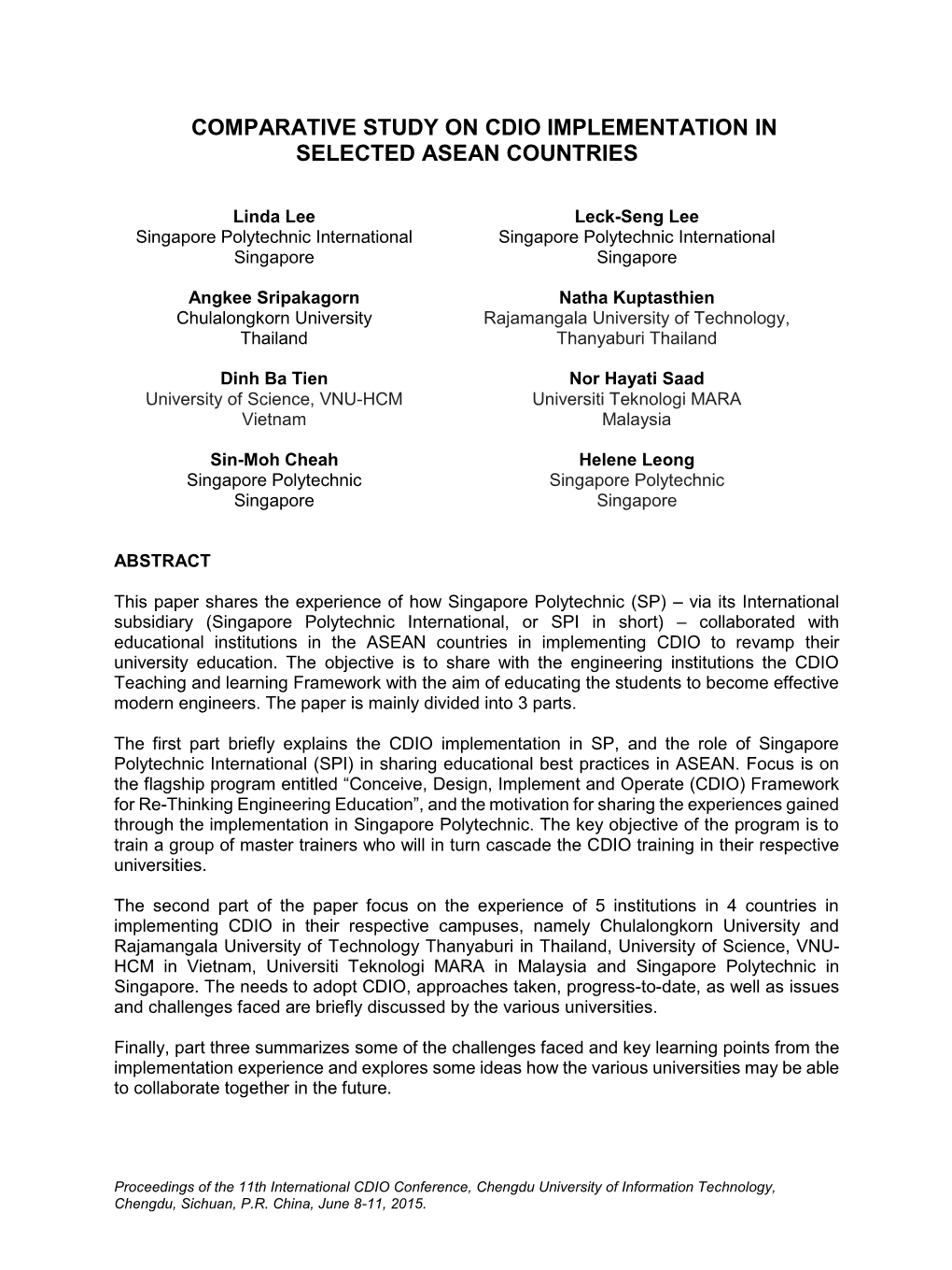 Comparative Study on Cdio Implementation in Selected Asean Countries