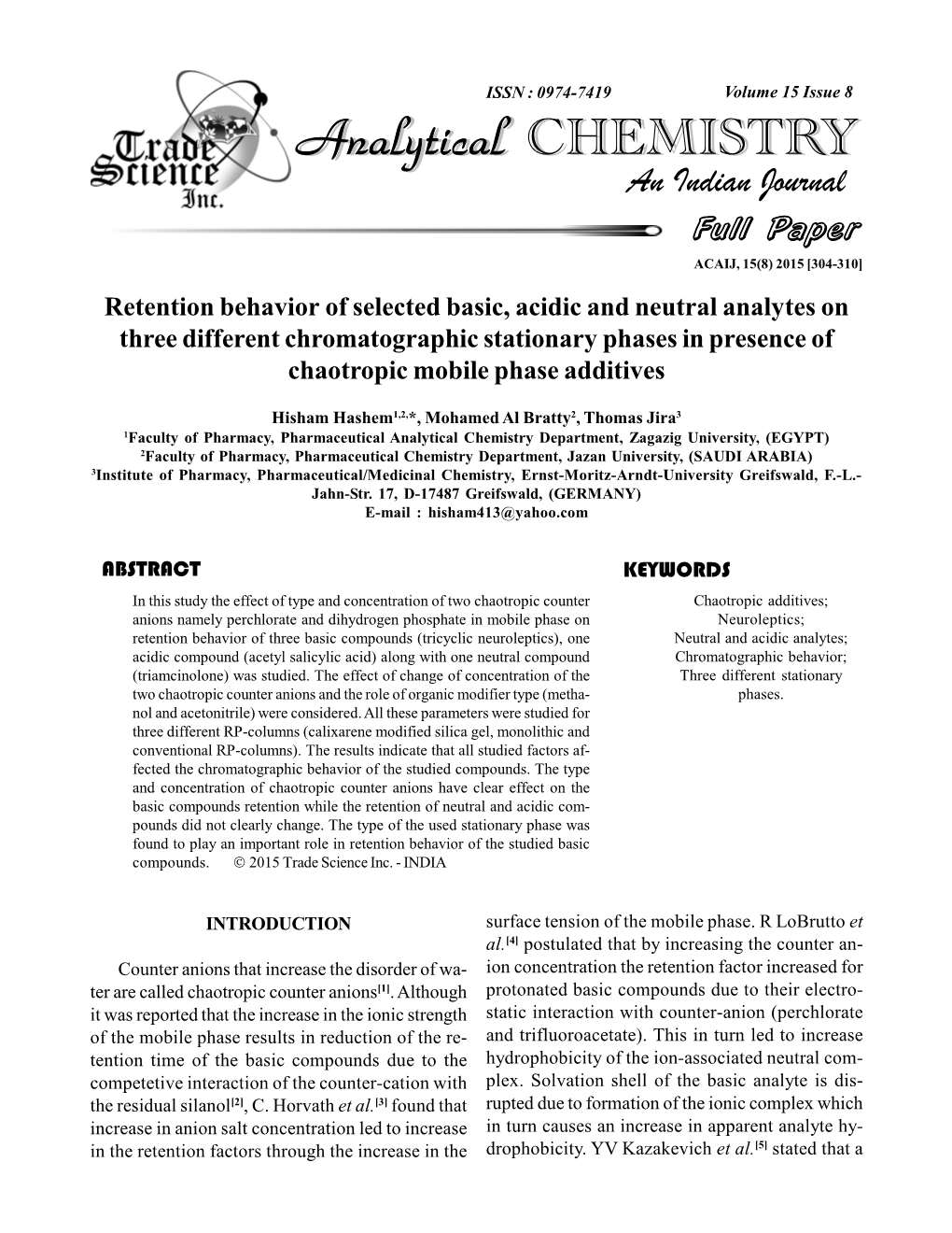 Retention Behavior of Selected Basic, Acidic And