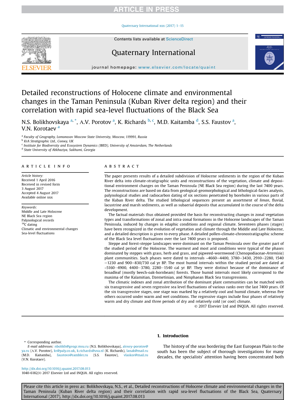 (Kuban River Delta Region) and Their Correlation with Rapid Sea-Level ﬂuctuations of the Black Sea