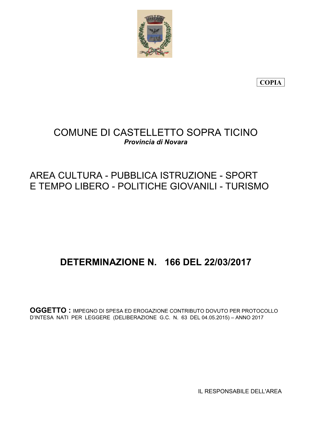 COMUNE DI CASTELLETTO SOPRA TICINO Provincia Di Novara