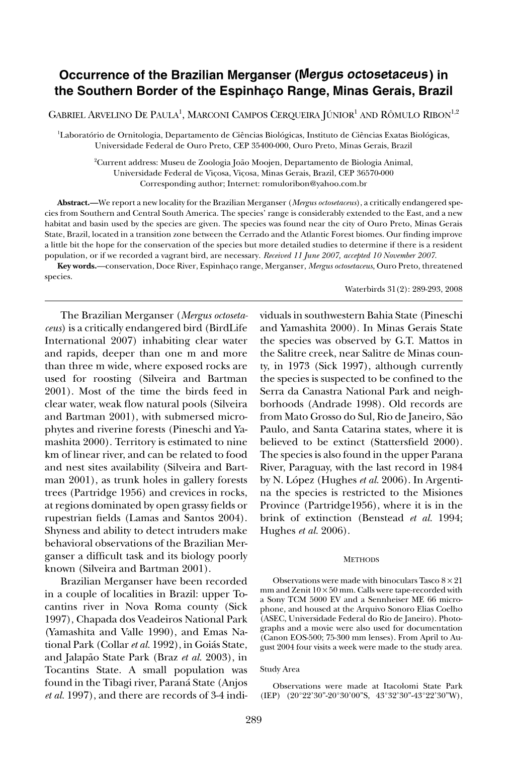 Occurrence of the Brazilian Merganser (Mergus Octosetaceus) in the Southern Border of the Espinhaço Range, Minas Gerais, Brazil