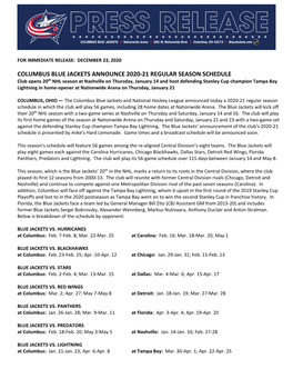 Columbus Blue Jackets Announce 2020-21 Regular