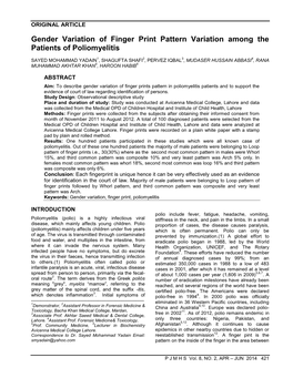 Gender Variation of Finger Print Pattern Variation Among the Patients of Poliomyelitis