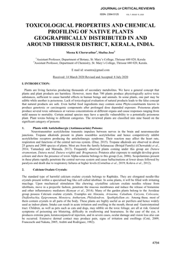 Toxicological Properties and Chemical Profiling of Native Plants Geographically Distributed in and Around Thrissur District, Kerala, India
