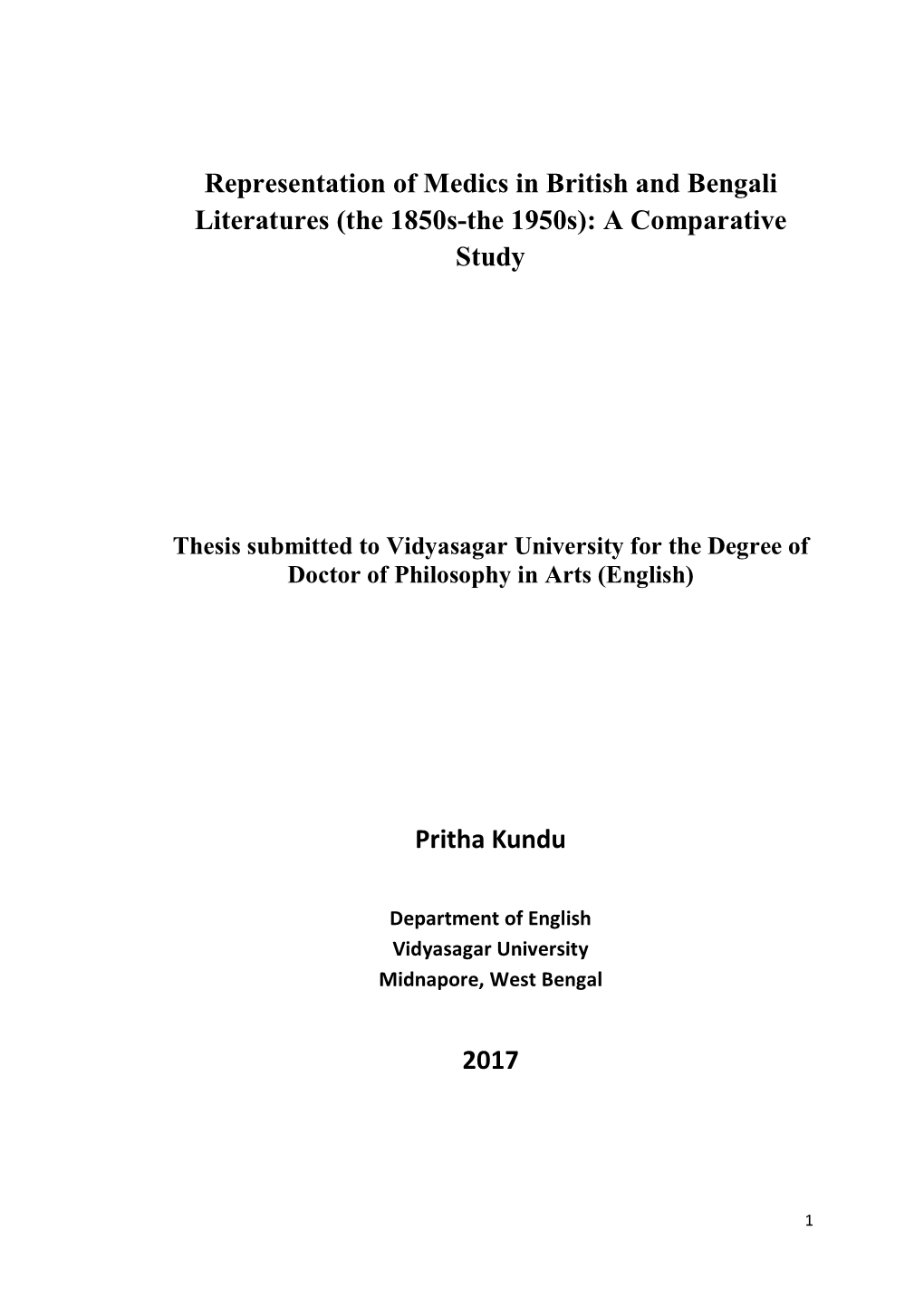 Representation of Medics in British and Bengali Literatures (The 1850S-The 1950S): a Comparative Study