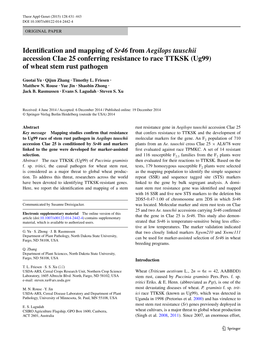Identification and Mapping of Sr46 from Aegilops Tauschii Accession Ciae 25 Conferring Resistance to Race TTKSK (Ug99) of Wheat Stem Rust Pathogen