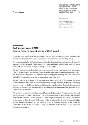 Carl Menger Award 2018 Silvana Tenreyro Named Winner of 2018 Award