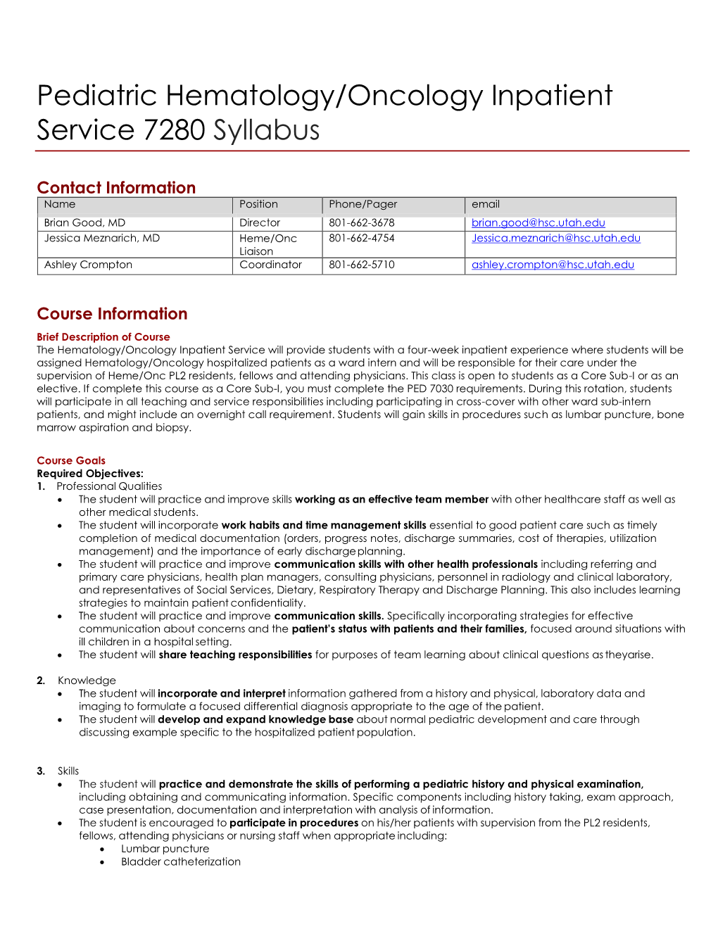 Pediatric Hematology/Oncology Inpatient Service 7280 Syllabus