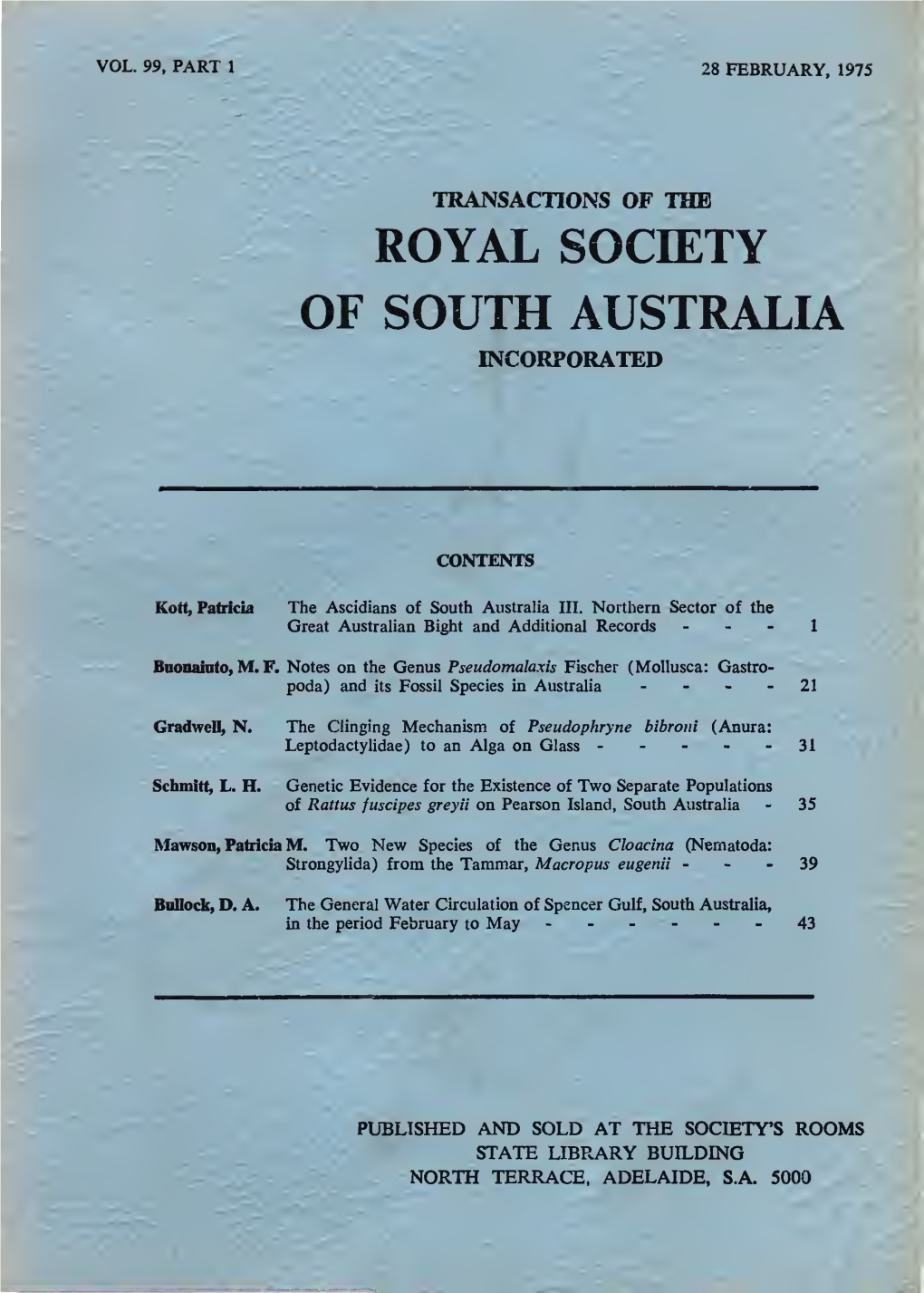 Transactions of the Royal Society of South Australia, Incorporated