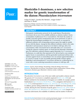 Blasticidin-S Deaminase, a New Selection Marker for Genetic Transformation of the Diatom Phaeodactylum Tricornutum