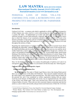 Personal Laws of India Vis-A-Vis Uniform Civil Code a Retrospective and Prospective Discussion by Dr
