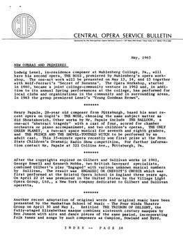CENTRAL OPERA SERVICE BULLETIN Sponsored by the Metropolitan Opera National Council • 147 West 39Th Street • New York, N.Y