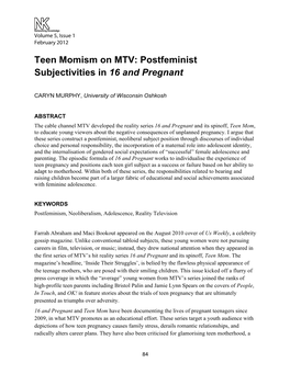 Teen Momism on MTV: Postfeminist Subjectivities in 16 and Pregnant