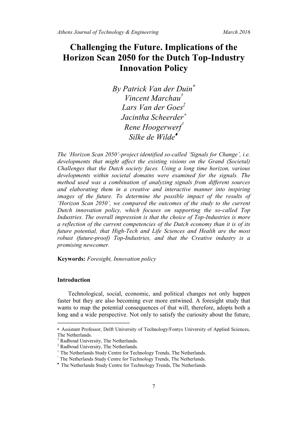 Challenging the Future. Implications of the Horizon Scan 2050 for the Dutch Top-Industry Innovation Policy