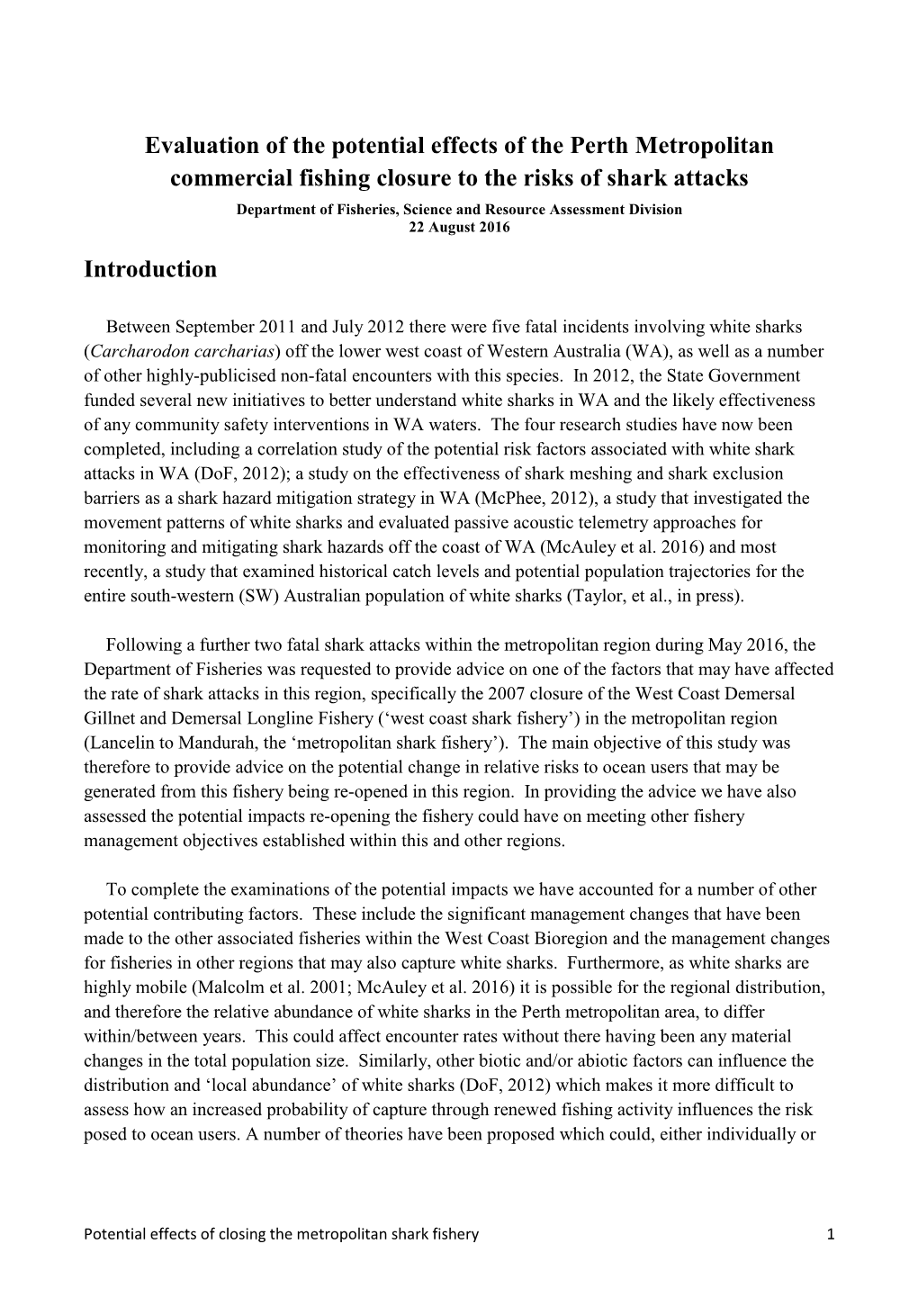 Evaluation of the Potential Effects of the Perth Metropolitan Commercial