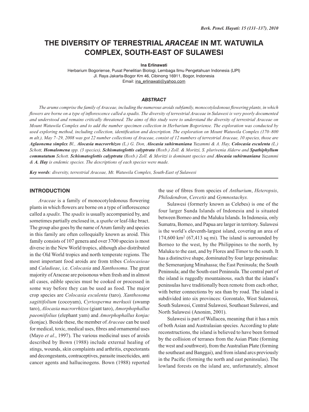 The Diversity of Terrestrial Araceae in Mt. Watuwila Complex, South-East of Sulawesi