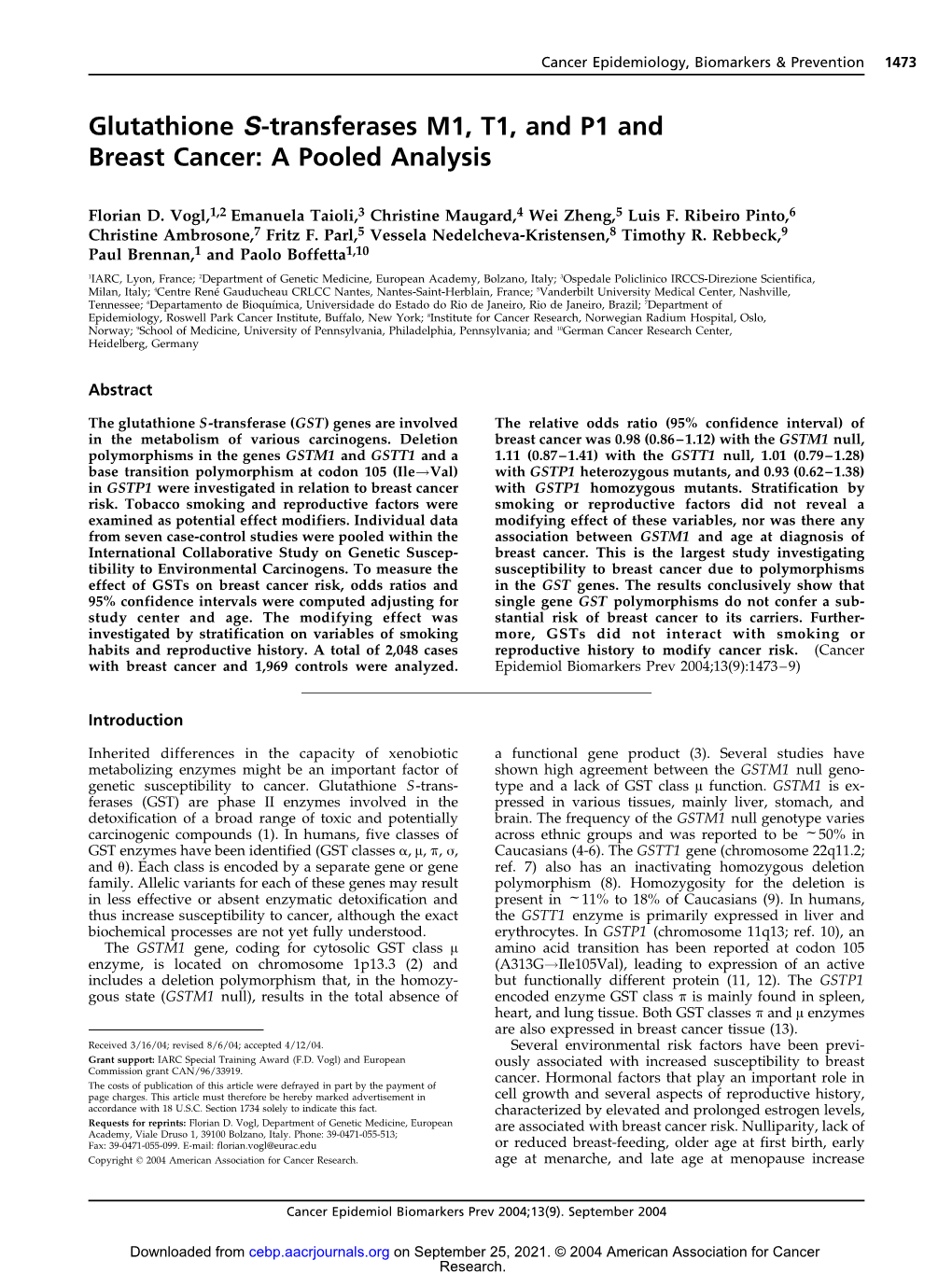 Glutathione S-Transferases M1, T1, and P1 and Breast Cancer: a Pooled Analysis